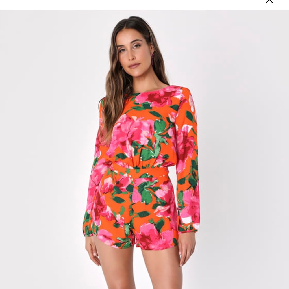 Orange Floral Print Backless Long Sleeve Romper - Medium